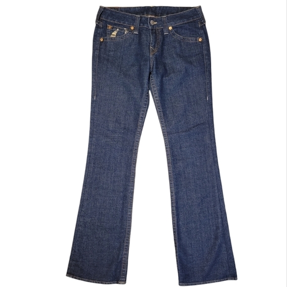 True Religion Becky Low Rise Boot Cut Jeans Dark Blue Gold Logo Print Like New - Picture 2 of 12